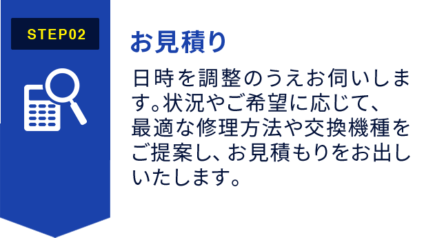 STEP２:お見積り 日時を調整のうえお伺いします。状況やご希望に応じて、最適な修理方法や交換機種をご提案し、お見積もりをお出しいたします。