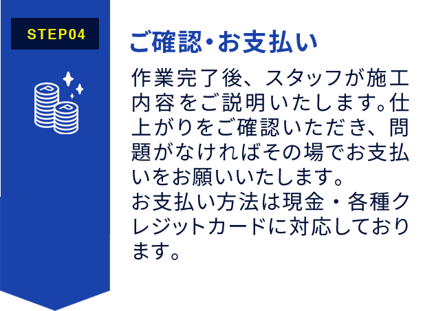 STEP4:ご確認・お支払い 作業完了後、スタッフが施工内容をご説明いたします。仕上がりをご確認いただき、問題がなければその場でお支払いをお願いいたします。お支払い方法は現金・各種クレジットカードに対応しております。
